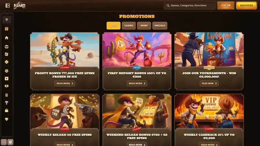 Page promotions Lizaro Casino - Frosty Bonus, premier dépôt et tournois
